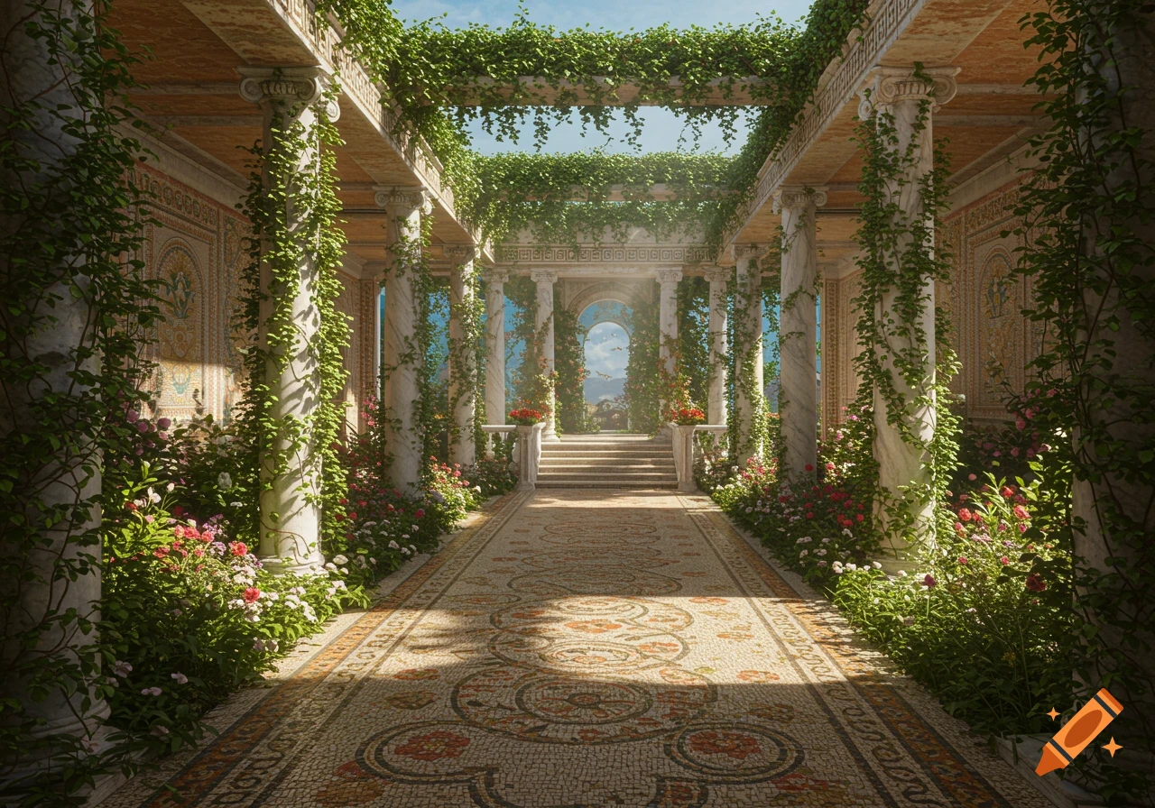 A grand classical garden with marble columns covered in vines, a mosaic floor, and blooming flowers leading to a distant archway under a bright sky.