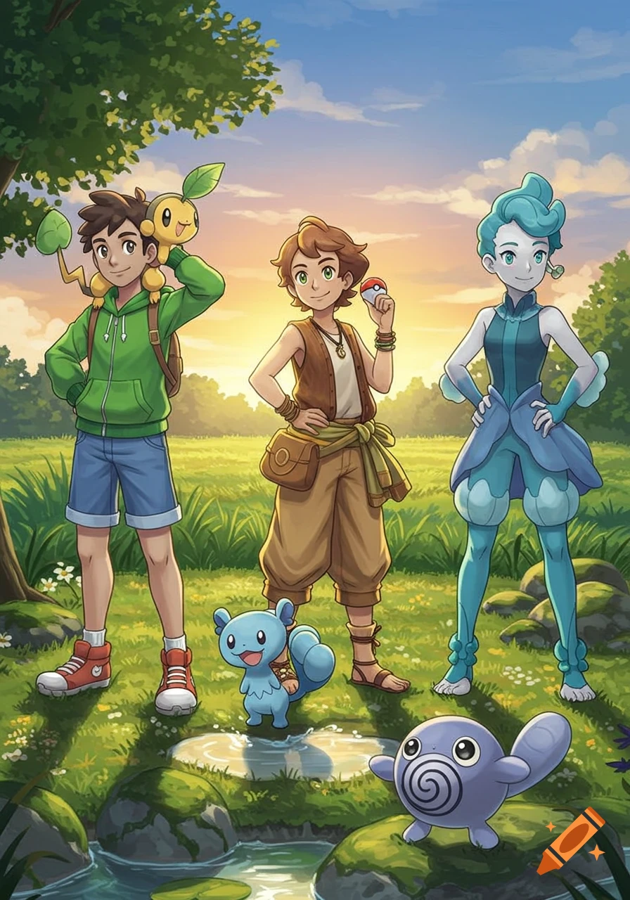 Three anime-style Pokémon trainers stand in a grassy field with a stream at sunset, accompanied by a grass-type, Wooper, and Poliwag.