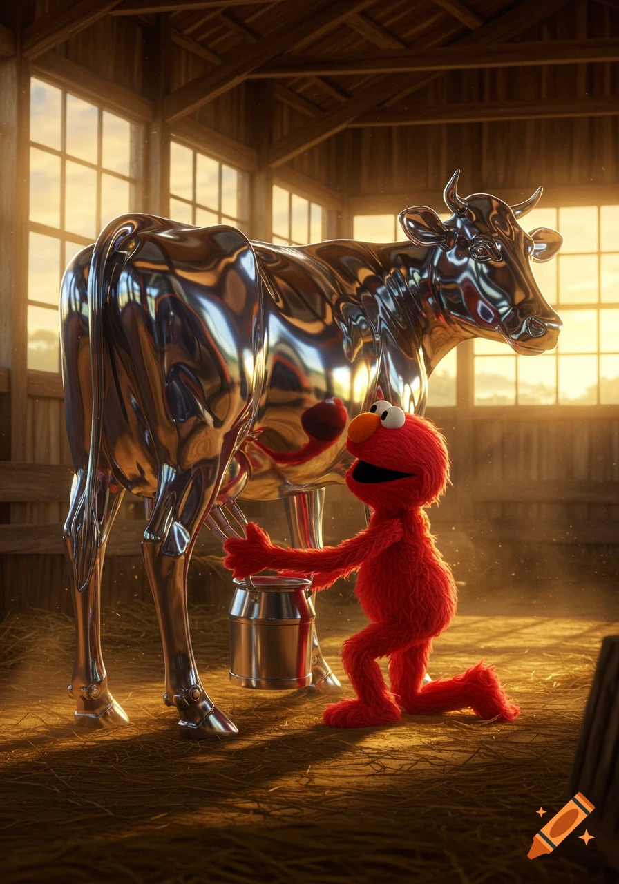 Elmo milking a photorealistic, shiny, metallic cow inside a sunlit barn.