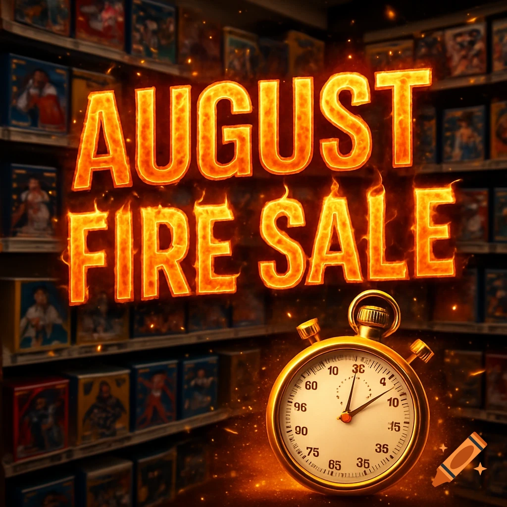 Fiery "AUGUST FIRE SALE" text with a golden stopwatch in a dimly lit store aisle filled with card boxes.