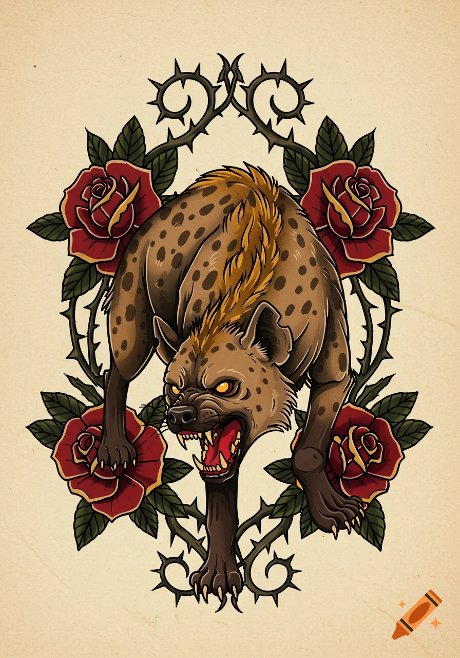 An aggressive hyena surrounded by red roses and thorny vines in American traditional tattoo art style.
