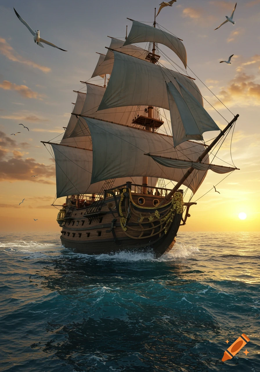 A majestic sailing ship with full sails cruises on a calm ocean at sunset, with seagulls flying overhead.
