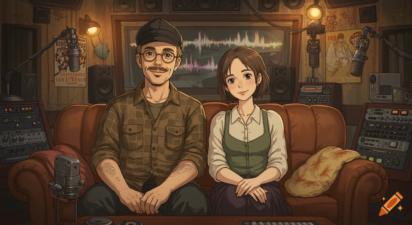 A man and a woman sitting on a couch in a recording studio, in Studio Ghibli style.