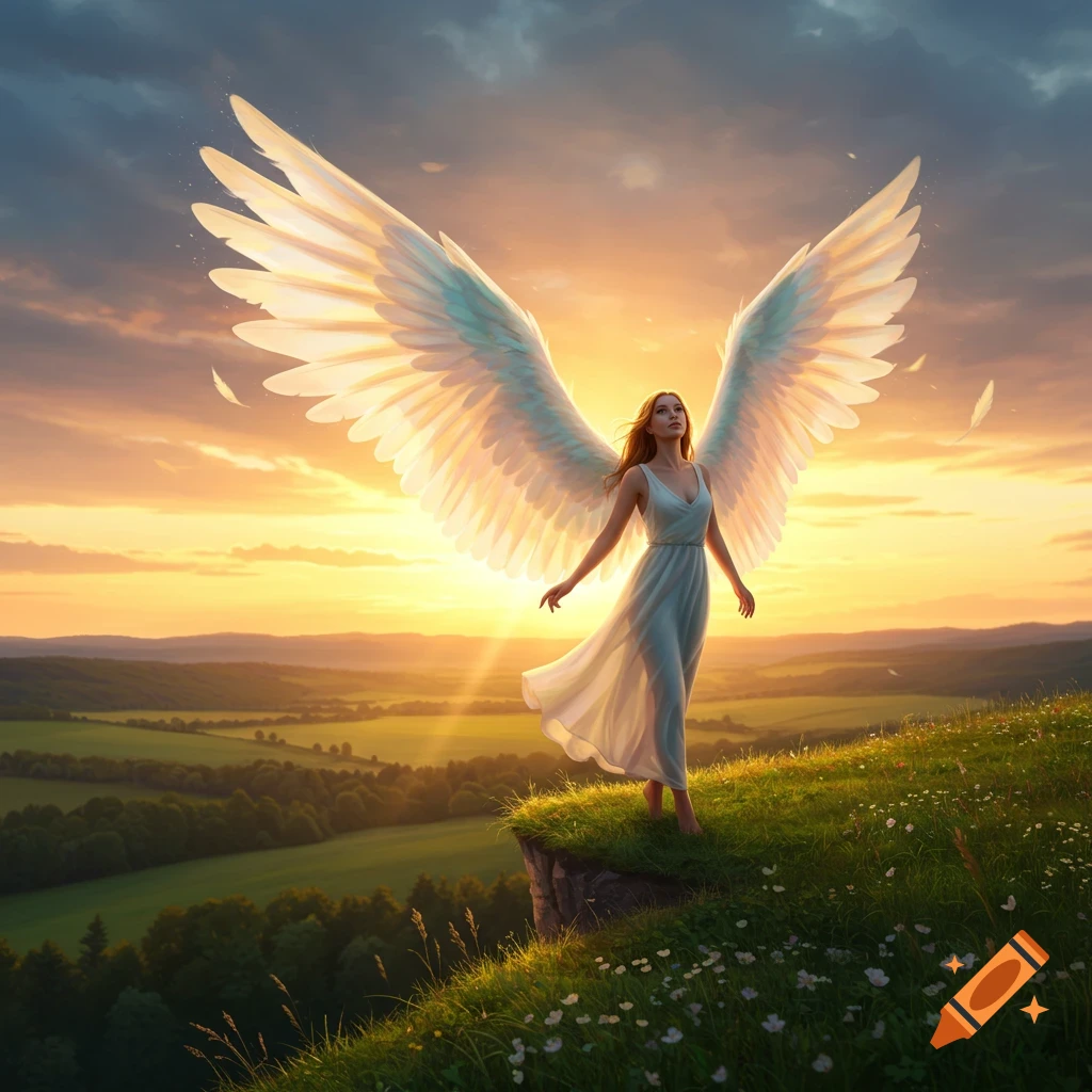 An angelic woman with large white wings stands on a grassy cliff overlooking a vast green valley at sunset.