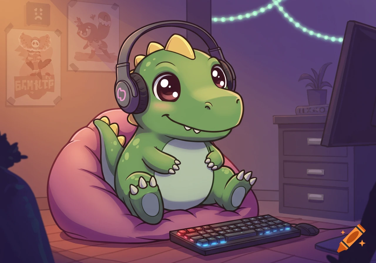 A cute cartoon green dinosaur with big eyes wears pink headphones while sitting on a bean bag chair, looking at a computer monitor with a glowing keyboard in front of it.