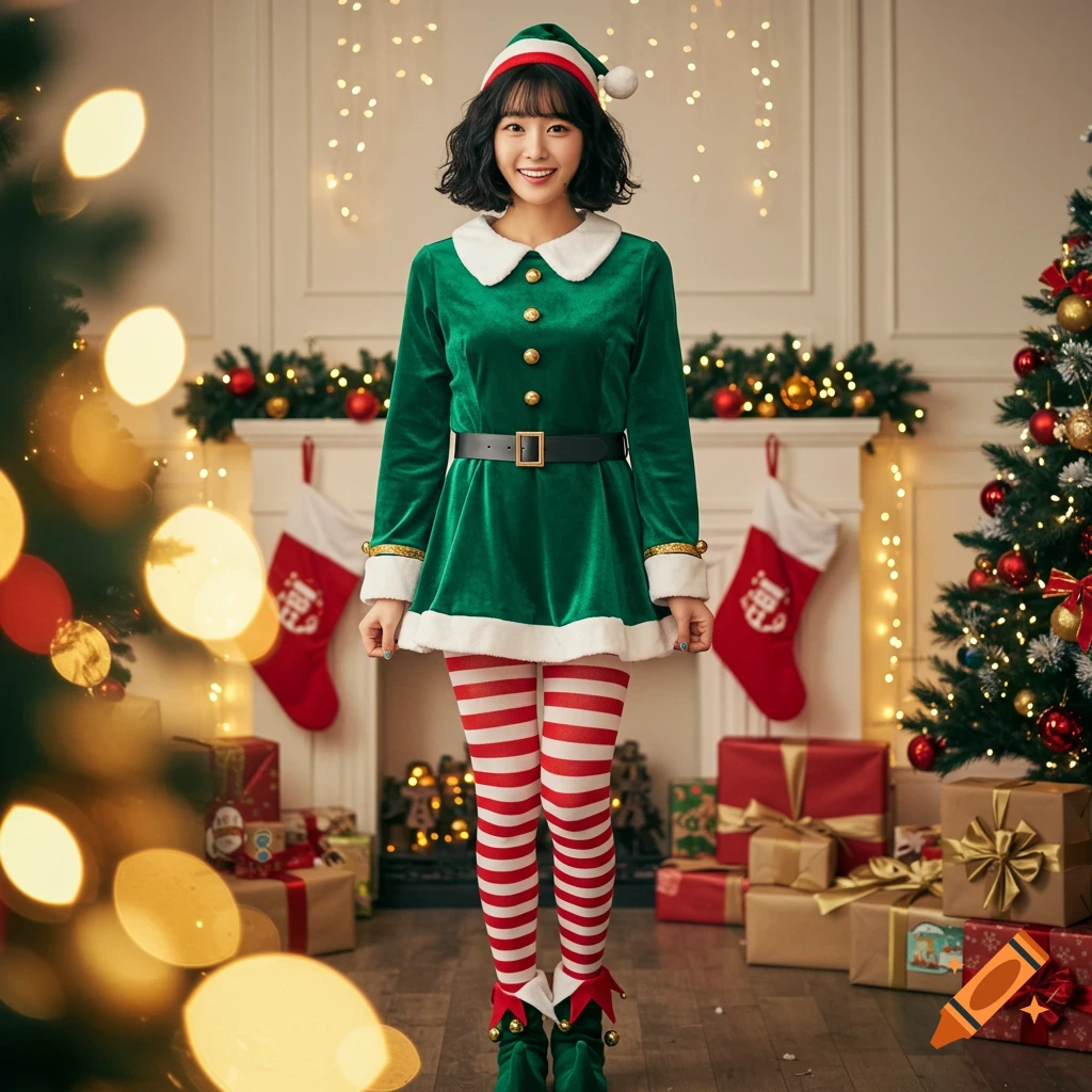 A Korean woman with short wavy hair wears a green Christmas elf costume, striped tights, and elf shoes in a festive room with a Christmas tree and gifts.