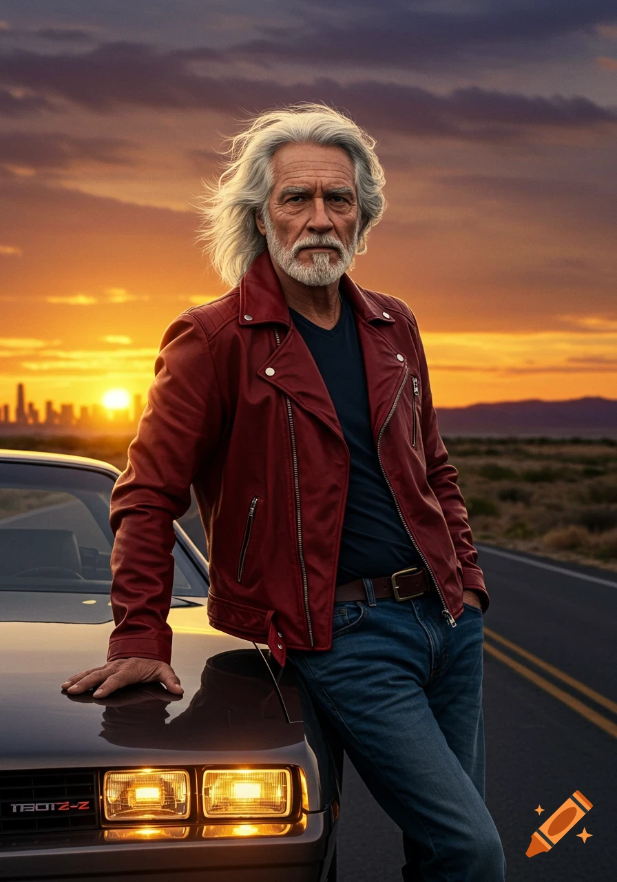An older man with long white hair and a beard, wearing a red leather jacket, leans on a dark car at sunset.