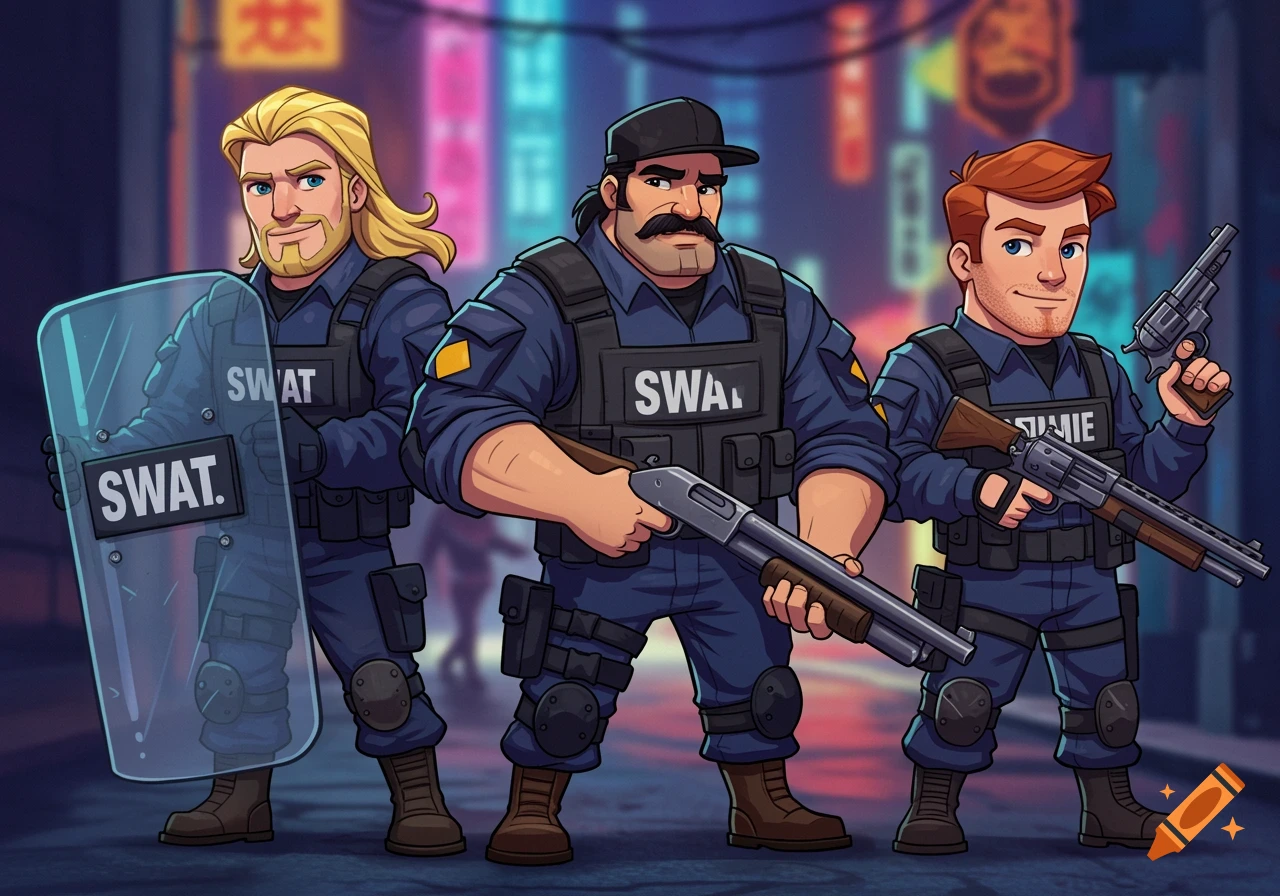 Three cartoon SWAT soldiers stand ready. One with blonde hair holds a riot shield, another with a mustache has a shotgun, and a redhead holds a revolver.