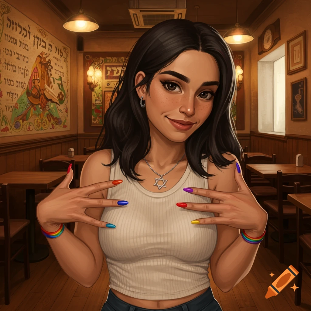 An illustration of a young woman with dark hair, a Star of David necklace, and rainbow-colored nails and bracelets, smiling in a cozy, wood-paneled room with a large poster on the wall.