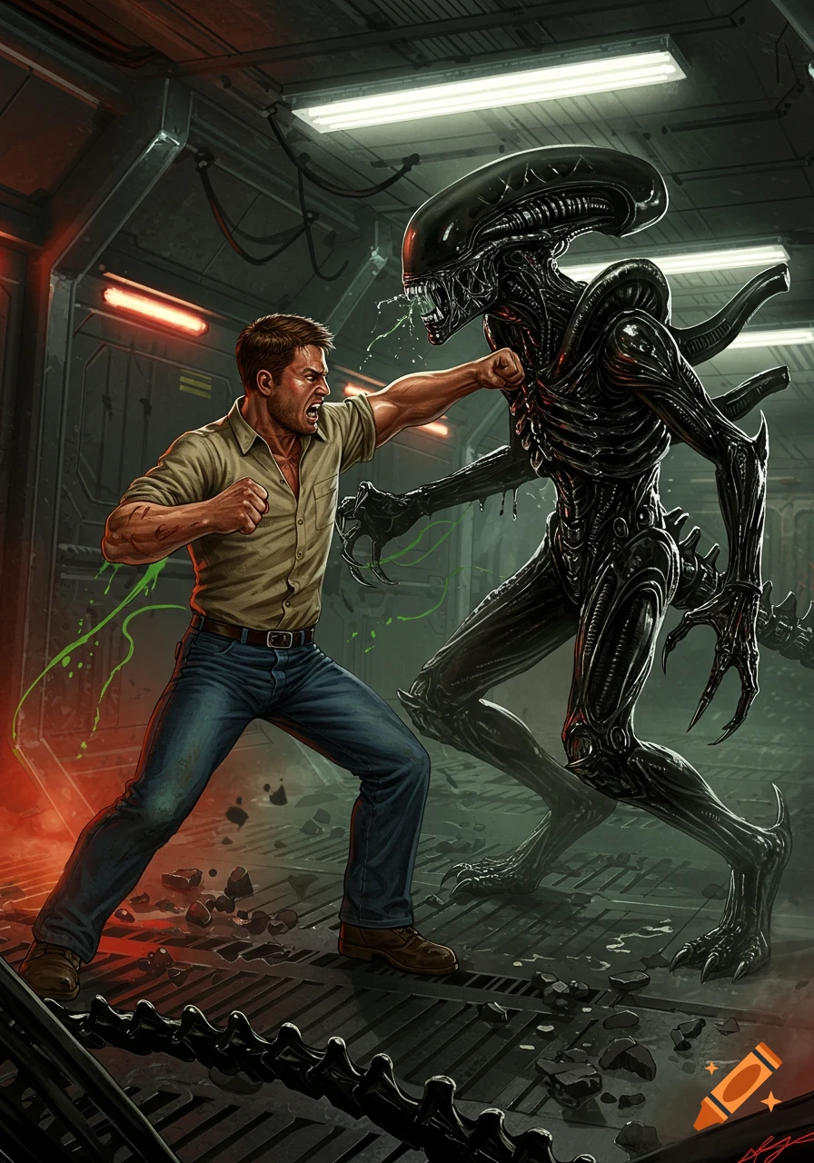 An illustrated image of a man punching a black Xenomorph alien in a futuristic spaceship corridor, with green liquid splashing.