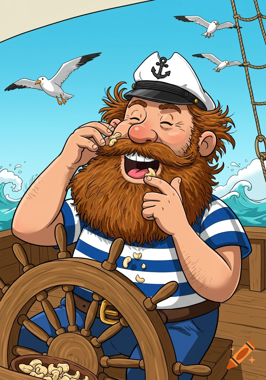 A cartoon captain with a large beard laughing while eating cashews at the helm of a ship, with seagulls flying overhead.