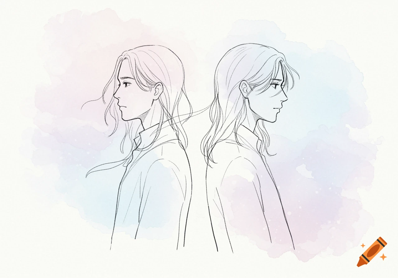 Outline sketch of two people facing away from each other on a soft watercolor background.
