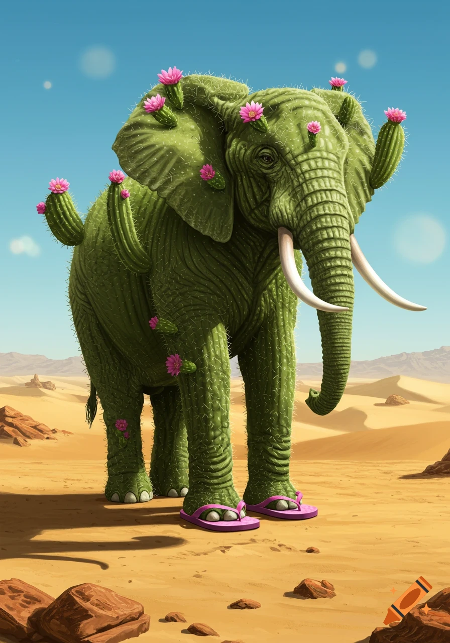 A green elephant with a cactus-textured body and pink flowers wears pink flip-flops while standing in a sunny desert.