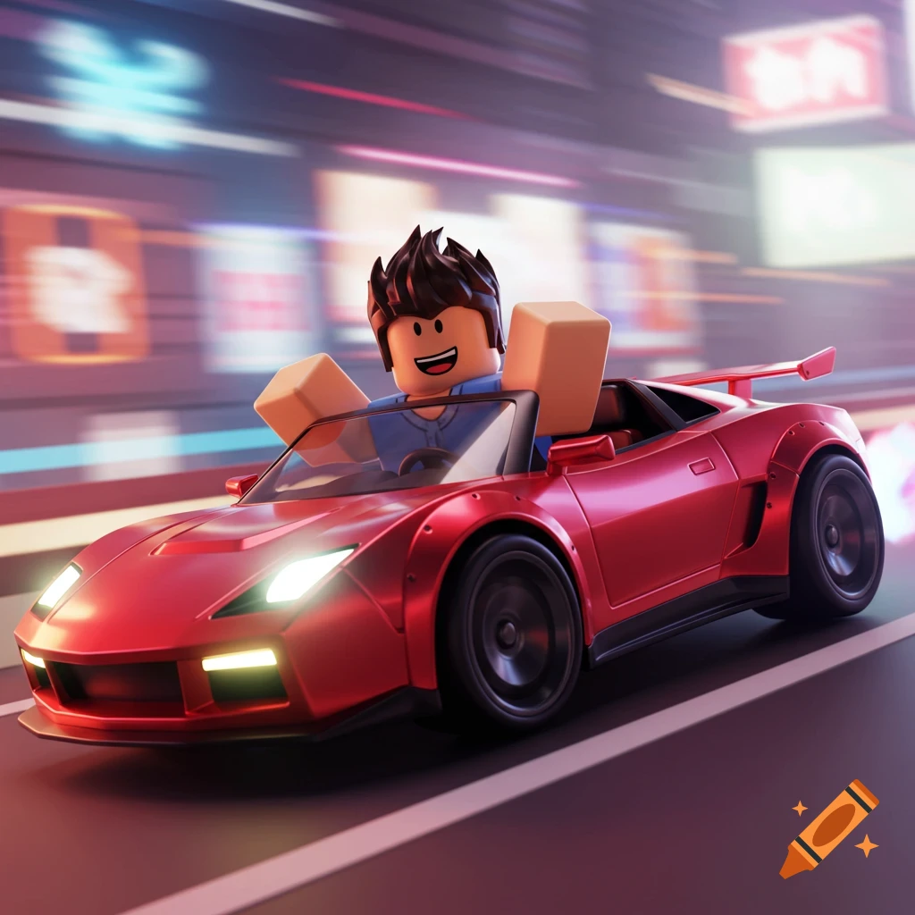 A smiling Roblox character drives a red sports car down a city street at night, with motion blur effects.