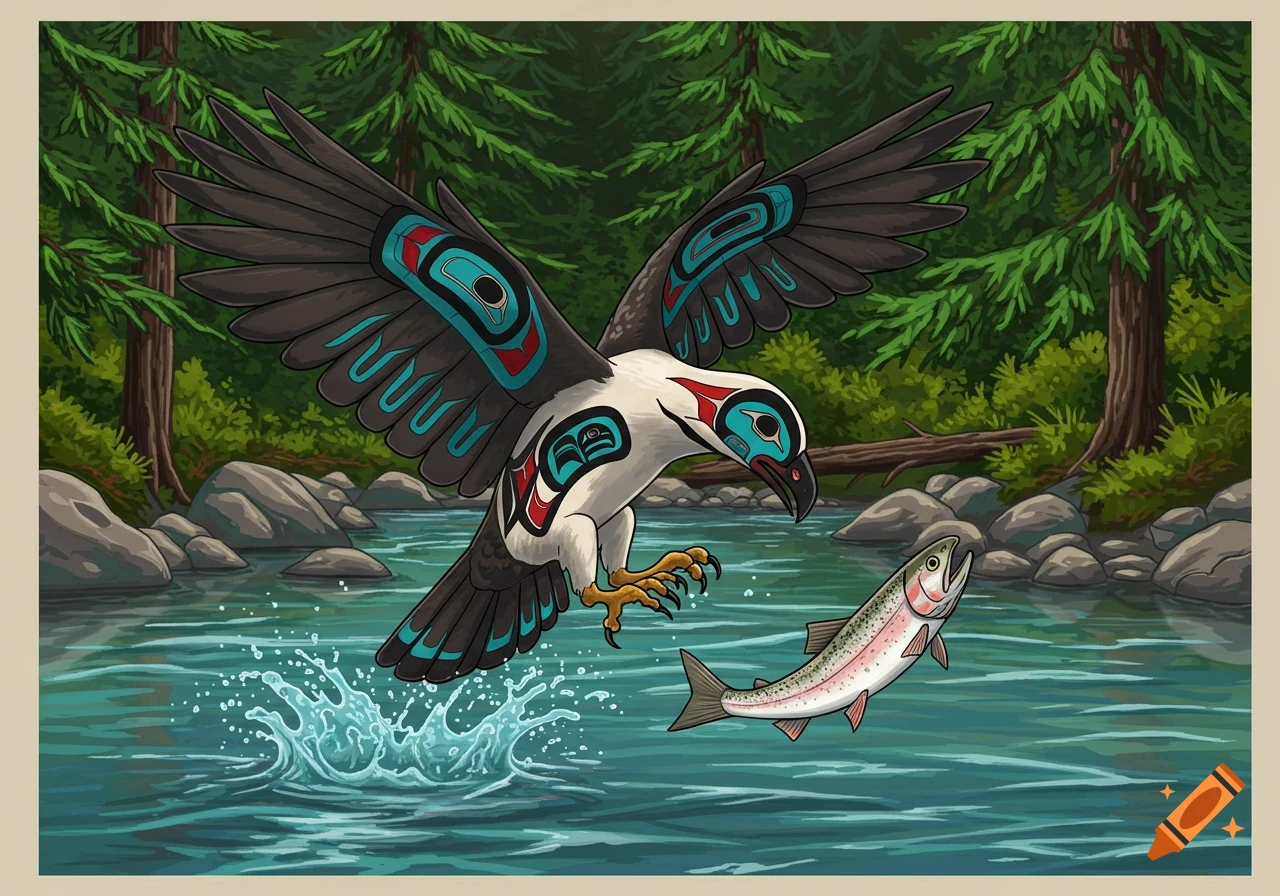 A bird in Pacific Northwest tribal art style dives into a river to catch a fish, surrounded by evergreen trees.