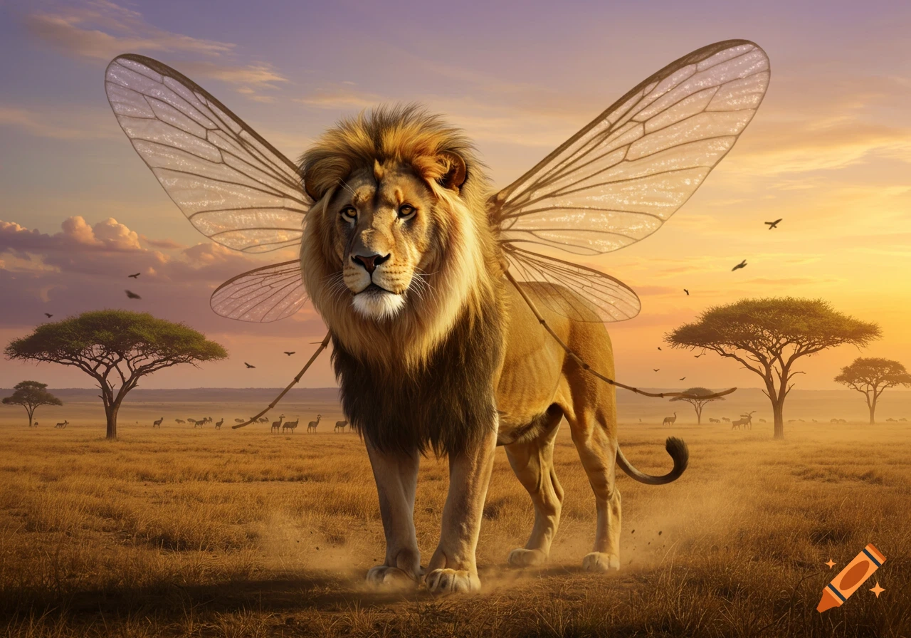 Photorealistic lion with large, transparent insect wings standing in a golden savanna at sunset, with trees and animals in the background.