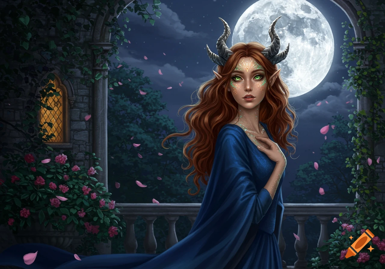 A fantasy woman with horns, green eyes, and glowing skin stands on a moonlit balcony with falling pink petals.
