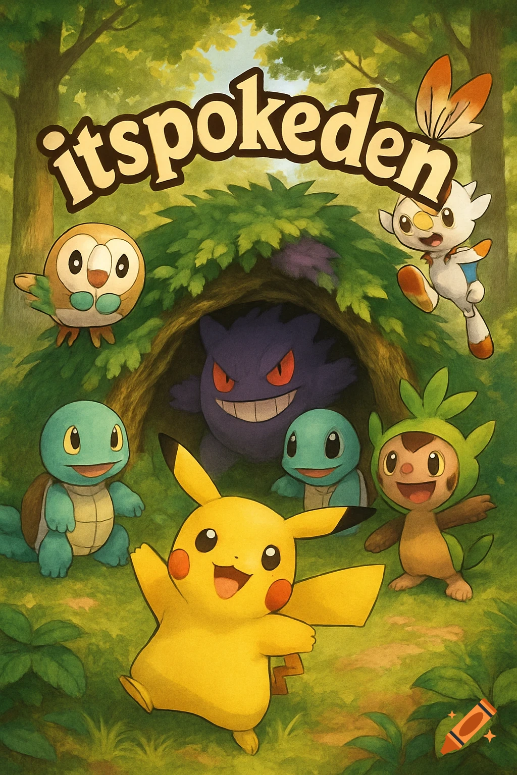 Pikachu, Squirtle, Gengar, Rowlet, Scorbunny, and Chespin gather around a den in a forest with 'itspokeden' text.