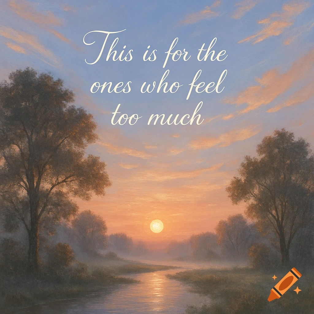 Painterly landscape of a sunrise over a misty river flowing through trees, with the quote 'This is for the ones who feel too much' in the sky.