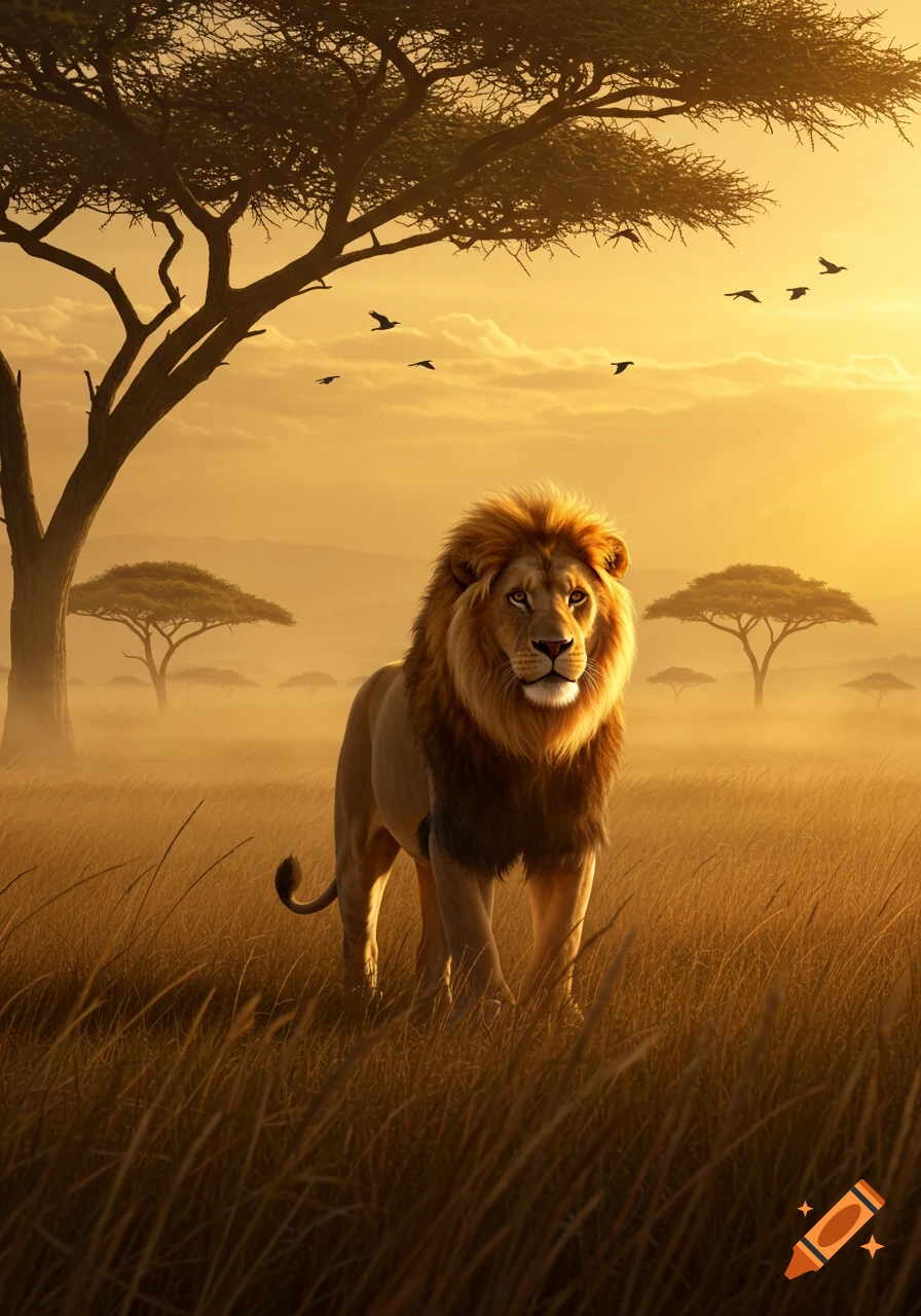 A majestic lion stands in tall golden grass in a savanna at sunset, with acacia trees and birds silhouetted against an orange sky.