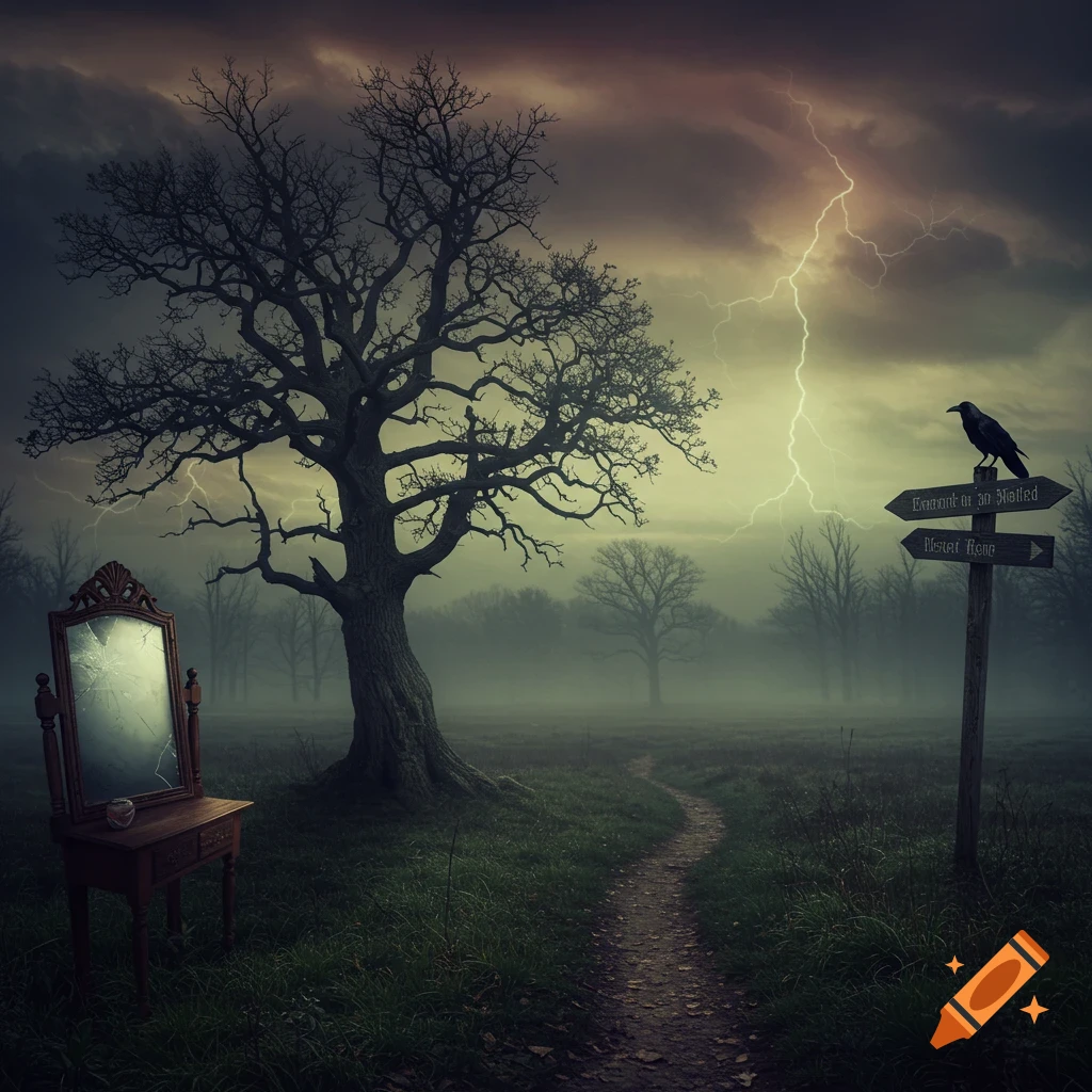 A spooky, misty landscape with a large bare tree, a broken ornate mirror, a signpost with a crow, and lightning in the sky.