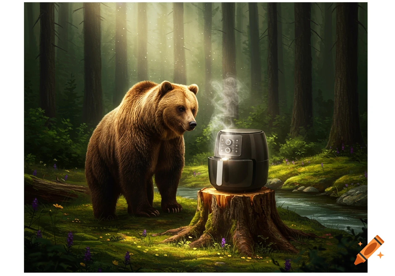 A large brown bear stands in a lush forest, looking curiously at a steaming black air fryer sitting on a mossy tree stump.