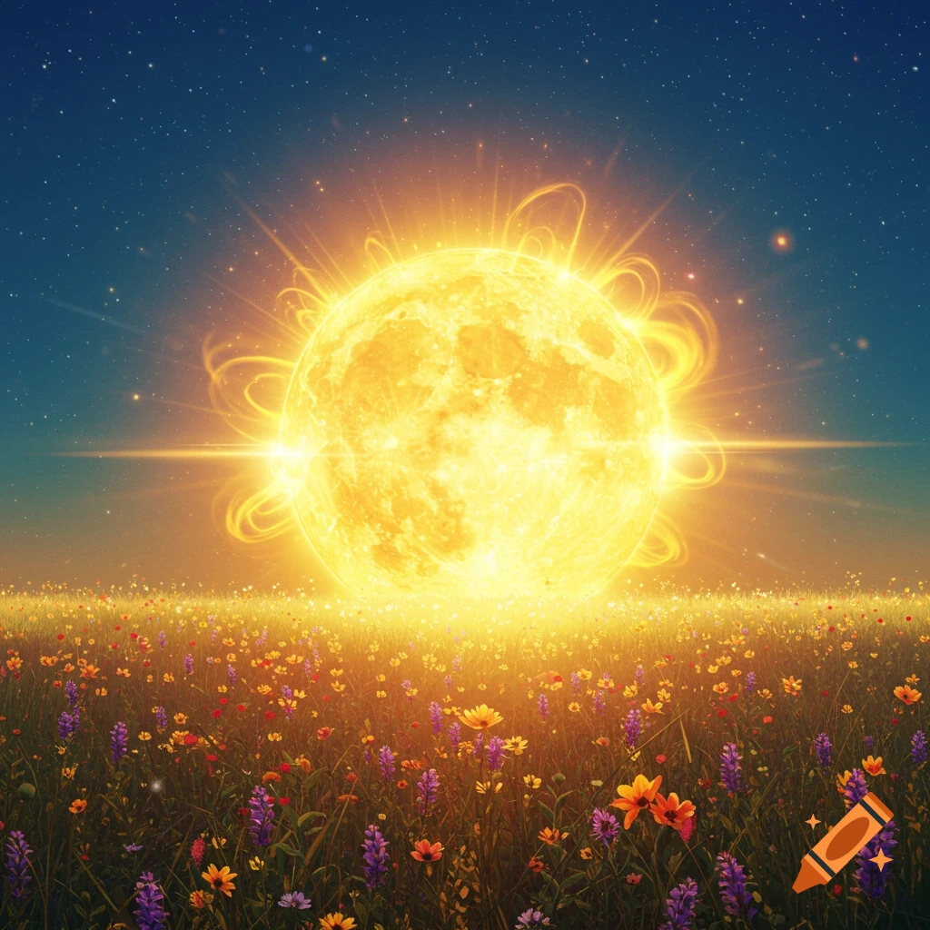 A radiant, glowing sun rises above a vibrant field of colorful wildflowers under a starry night sky.