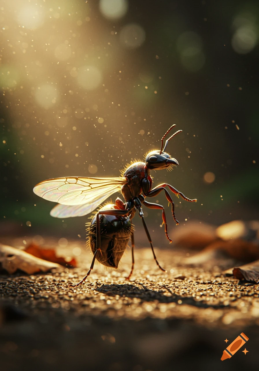 Close-up photorealistic shot of a winged queen ant on the ground with sunlight and dust particles.