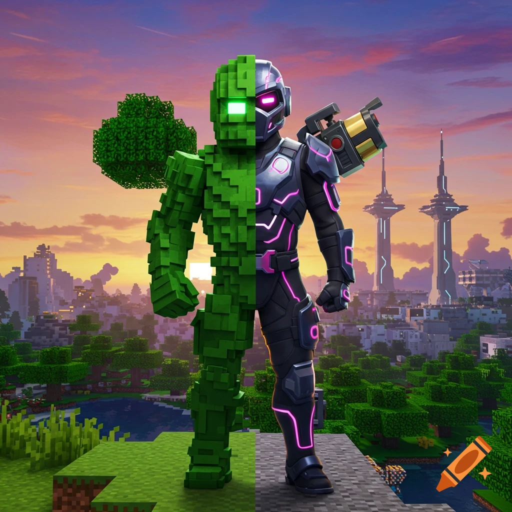 A character split down the middle, one half a pixelated green Minecraft character, the other half a sleek Fortnite-style armored figure, against a hybrid landscape.