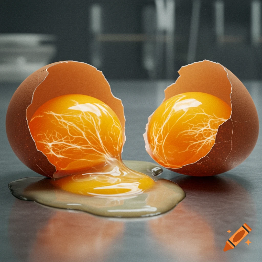 Photorealistic image of a cracked egg, revealing a yolk with intricate, vein-like patterns spilling onto a surface.