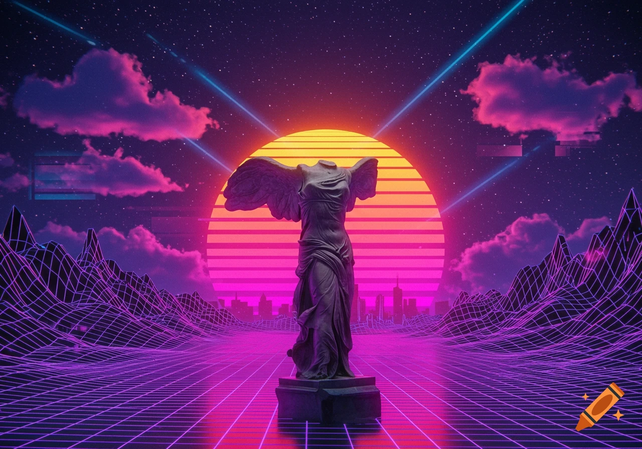 Winged Victory of Samothrace statue in a vibrant neon synthwave landscape with grid mountains and a setting sun.