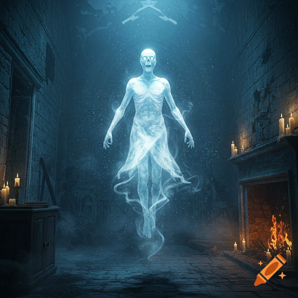 A glowing, ethereal ghost floats in a dark, candlelit stone room with a fireplace.