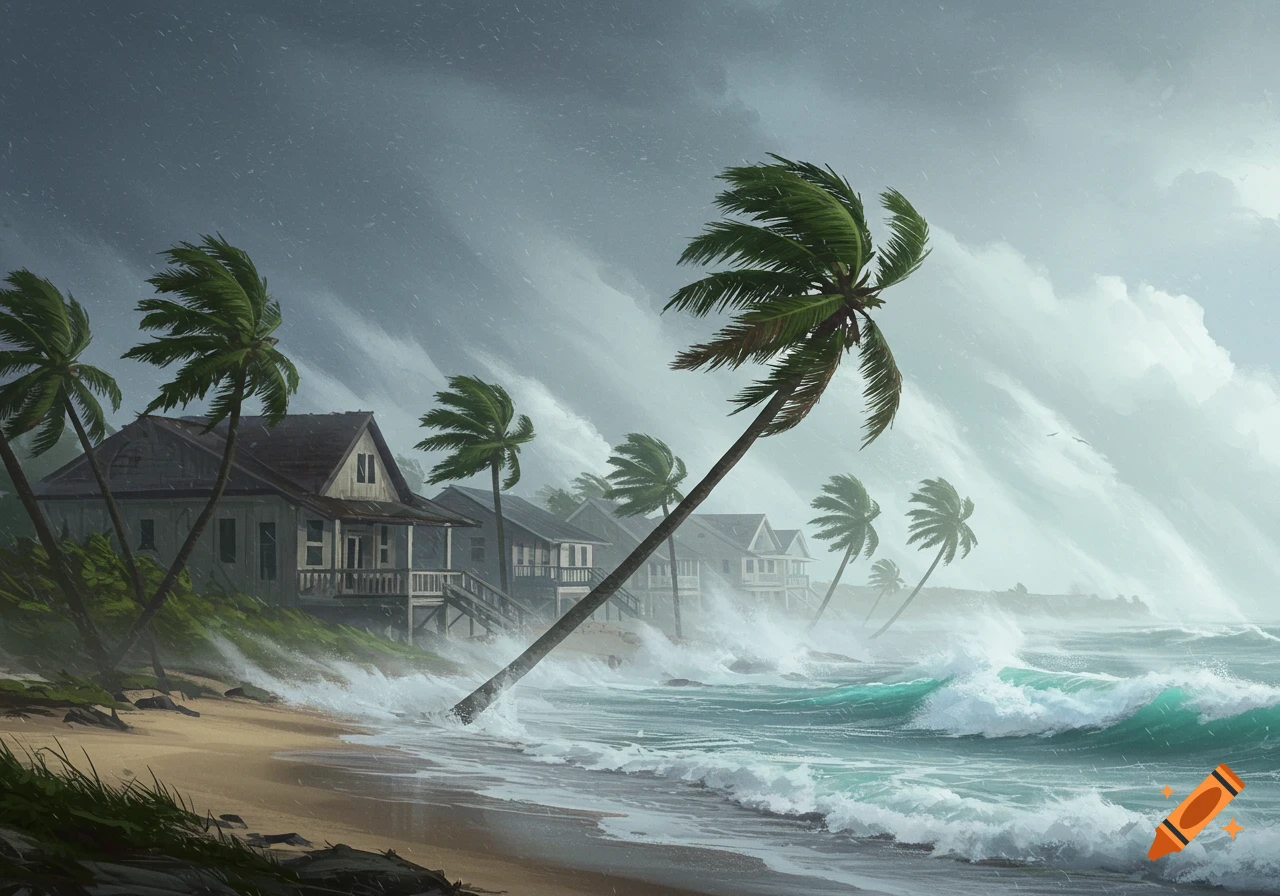 Hurricane force winds bend palm trees and large waves crash on a sandy beach in front of coastal homes under a stormy sky.