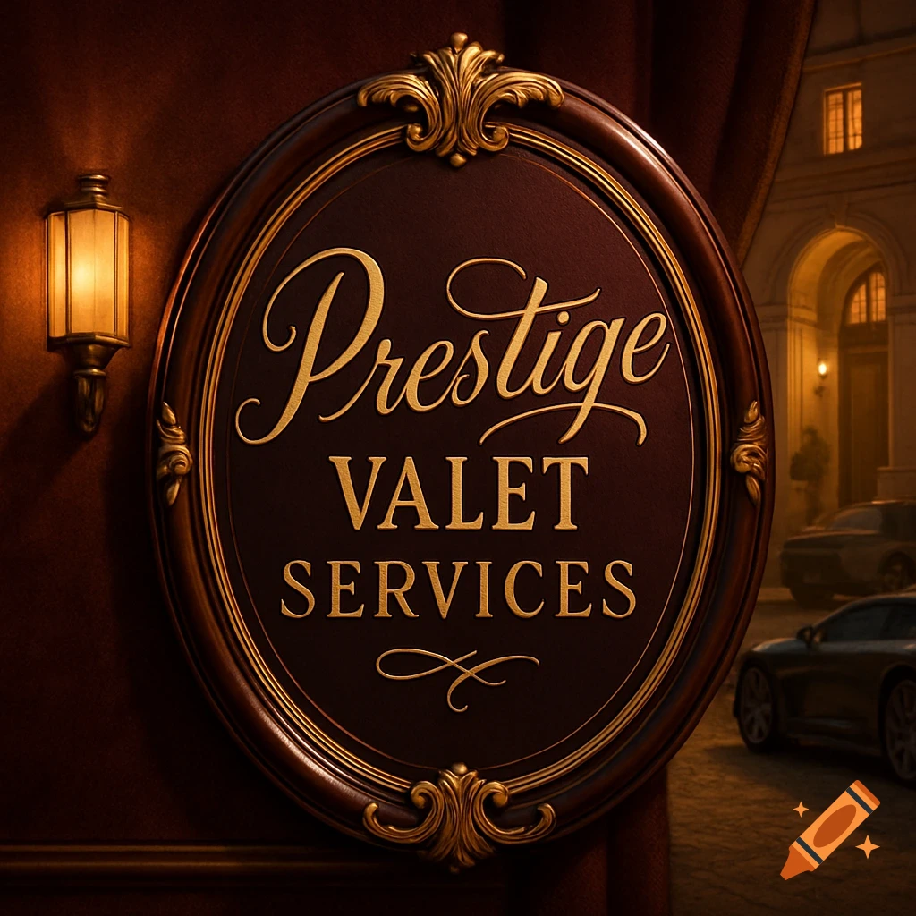 An elegant oval wooden sign with gold trim and lettering, illuminated by a wall sconce, reads "Prestige VALET SERVICES". A luxurious building entrance and parked cars are in the background at night.