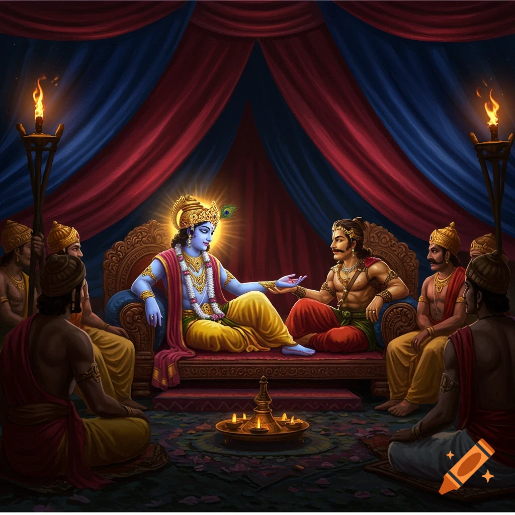 Vibrant illustration of blue-skinned Krishna and Arjuna talking on a couch inside a red and blue tent, surrounded by other men and torches.