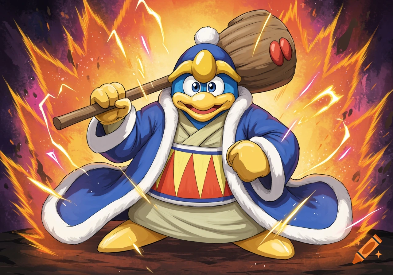 King Dedede from Kirby holding his hammer with a fiery, energetic background, in an anime style.
