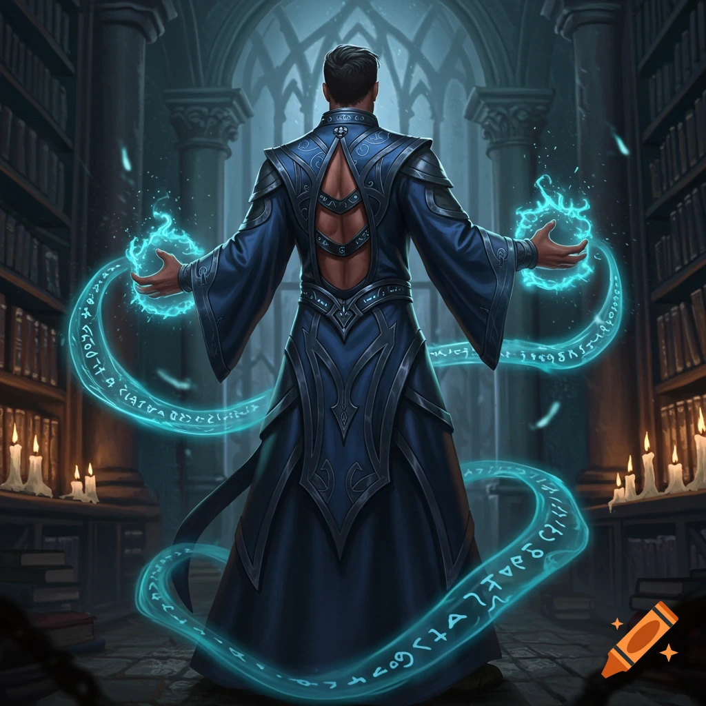 A male mage in a blue and black robe casts a glowing blue spell with runes in a dark, gothic library.