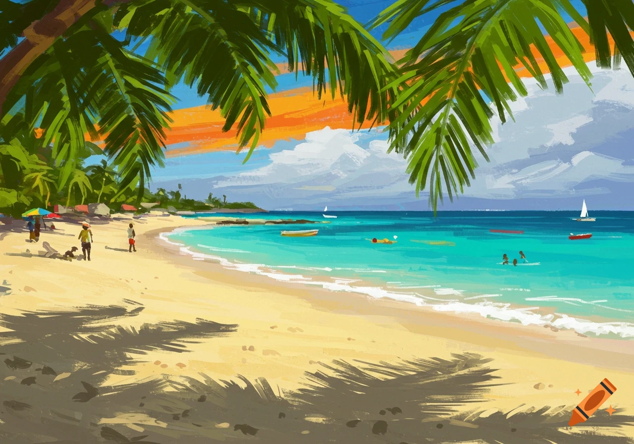 A colorful abstract painting of a vibrant tropical beach with palm trees, turquoise water, and distant figures.