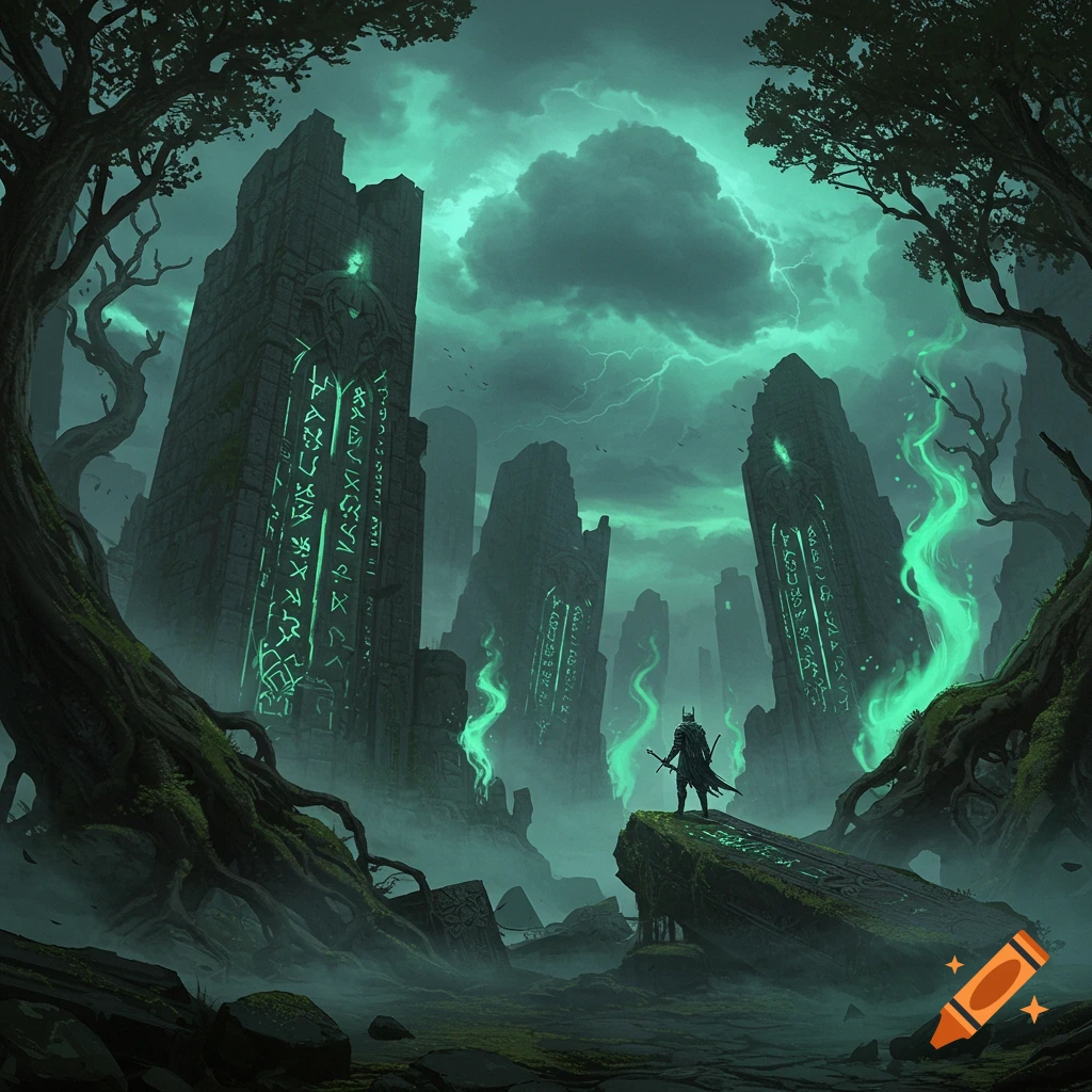 A lone warrior stands before towering ancient ruins covered in glowing green runes, under a stormy, misty sky with lightning. Dark, gnarled trees frame the scene.