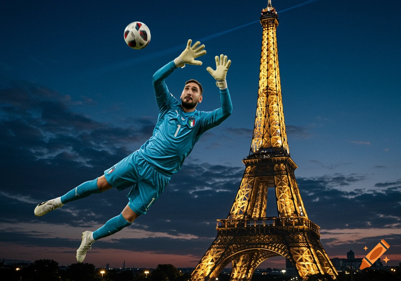 A soccer goalkeeper dives for a ball against a twilight sky with the illuminated Eiffel Tower in the background.