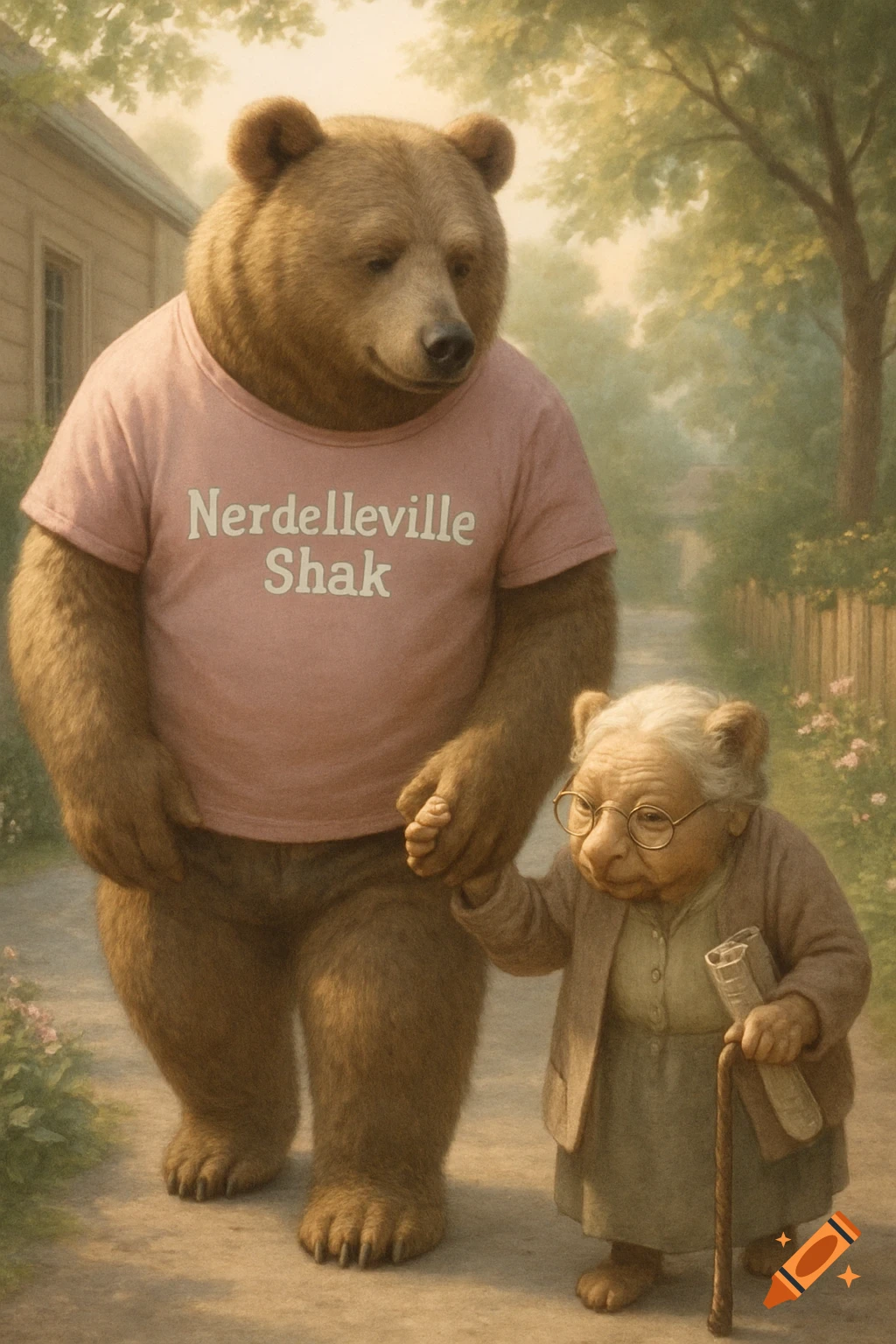 A large brown bear in a pink t-shirt with "Nerdelleville Shak" holds hands with a small old lady bear in glasses and a cane, walking on a path. Painterly style.