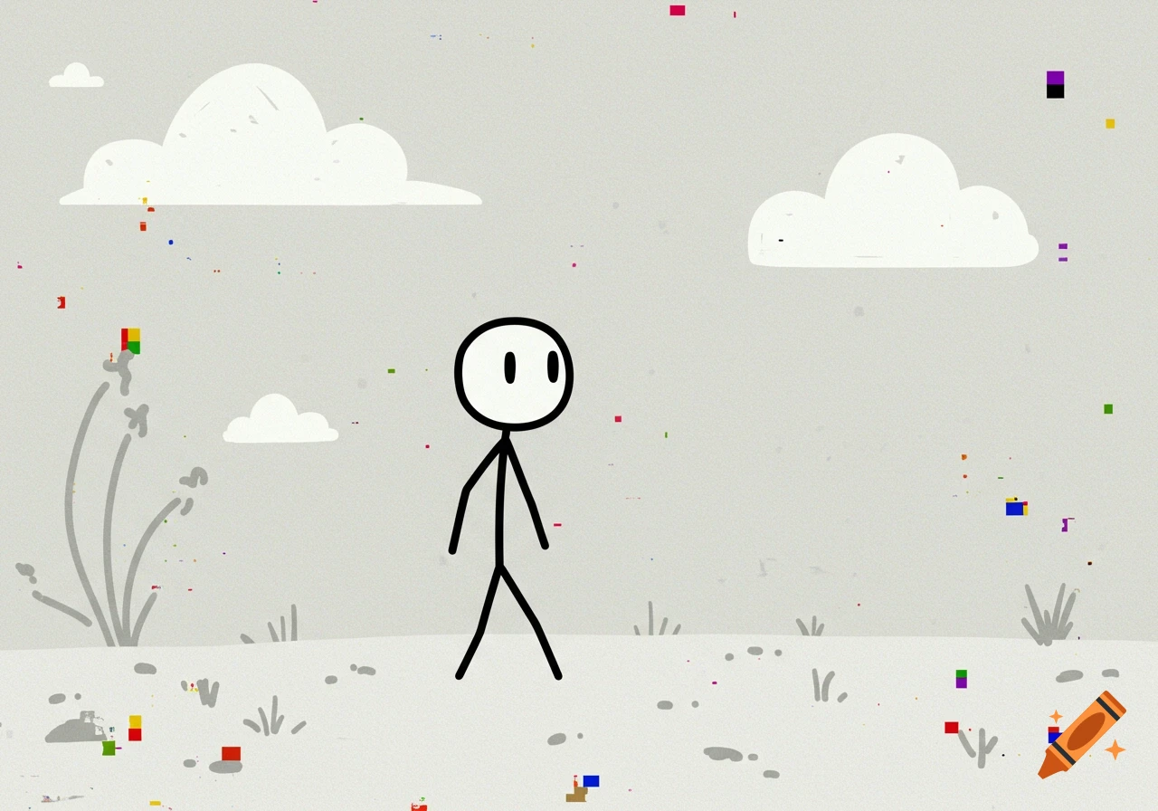 A simple black stick figure walks in a light gray minimalist landscape with white clouds and colorful pixel artifacts scattered around.