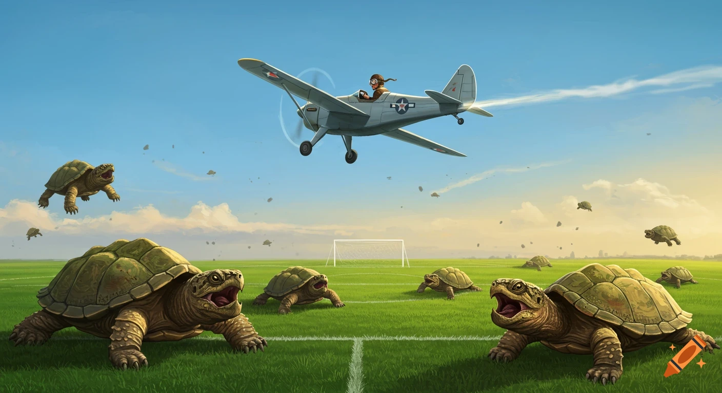 A pilot flies a plane low over a soccer field with many angry, snapping turtles, some flying in the air.