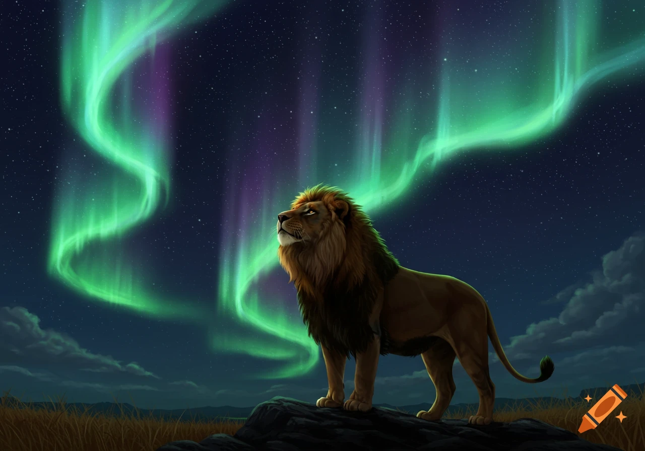 A majestic lion stands on a rock, looking up at vibrant green and purple aurora borealis in a starry night sky.