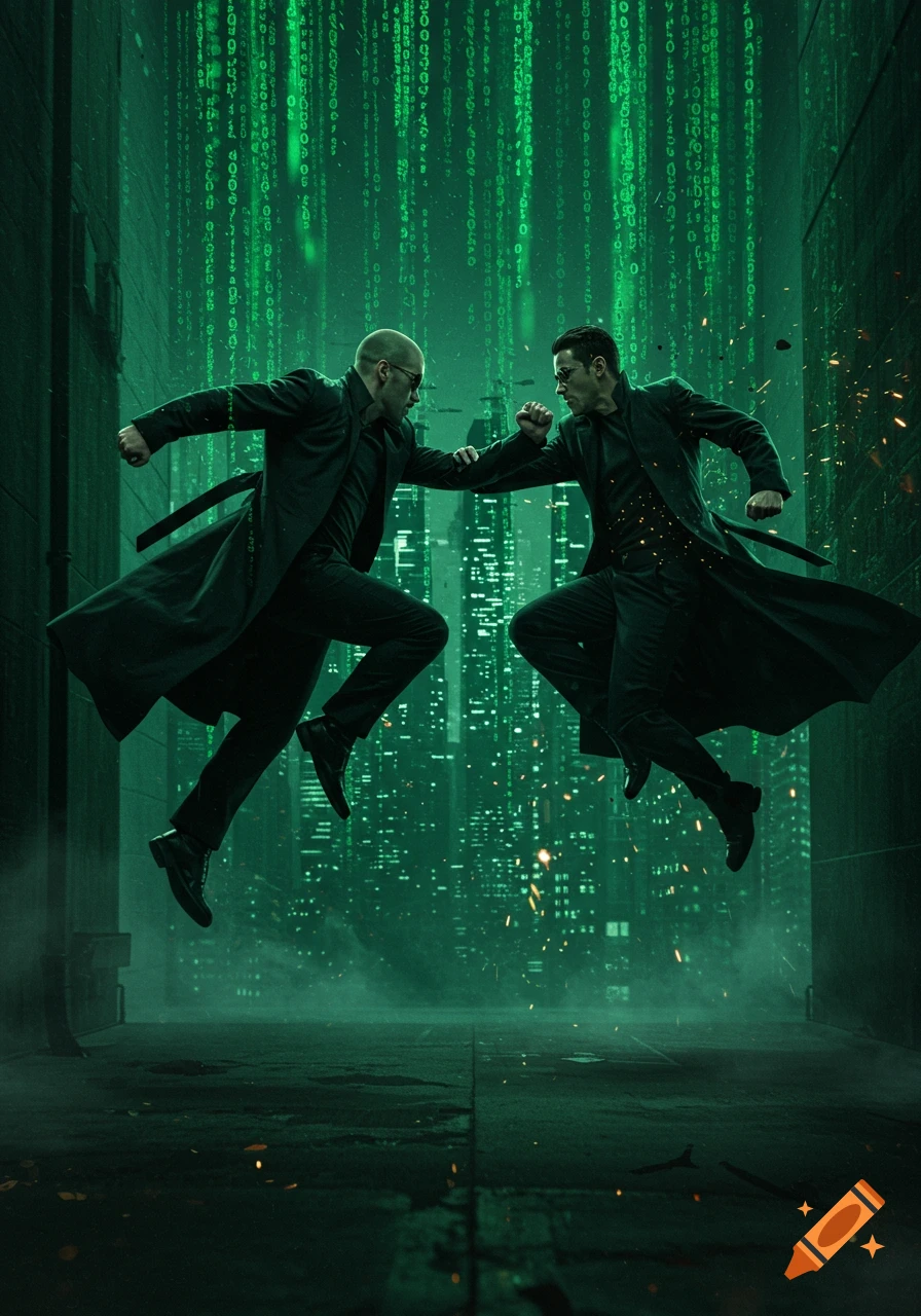 Two figures in black trench coats leap at each other in a dark, green-lit city alley with raining Matrix code.