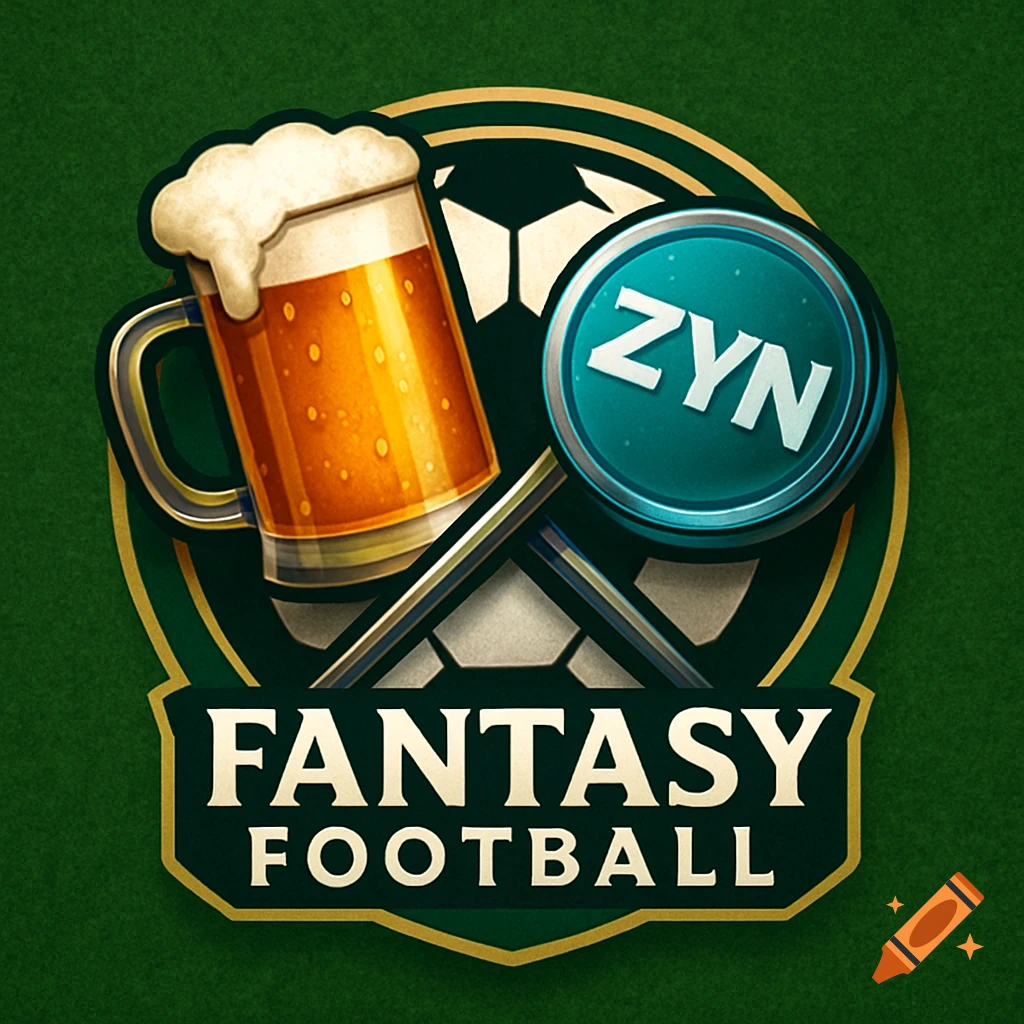 A logo for 'Fantasy Football' featuring a mug of beer, a teal ZYN pouch, and a football on a green background.