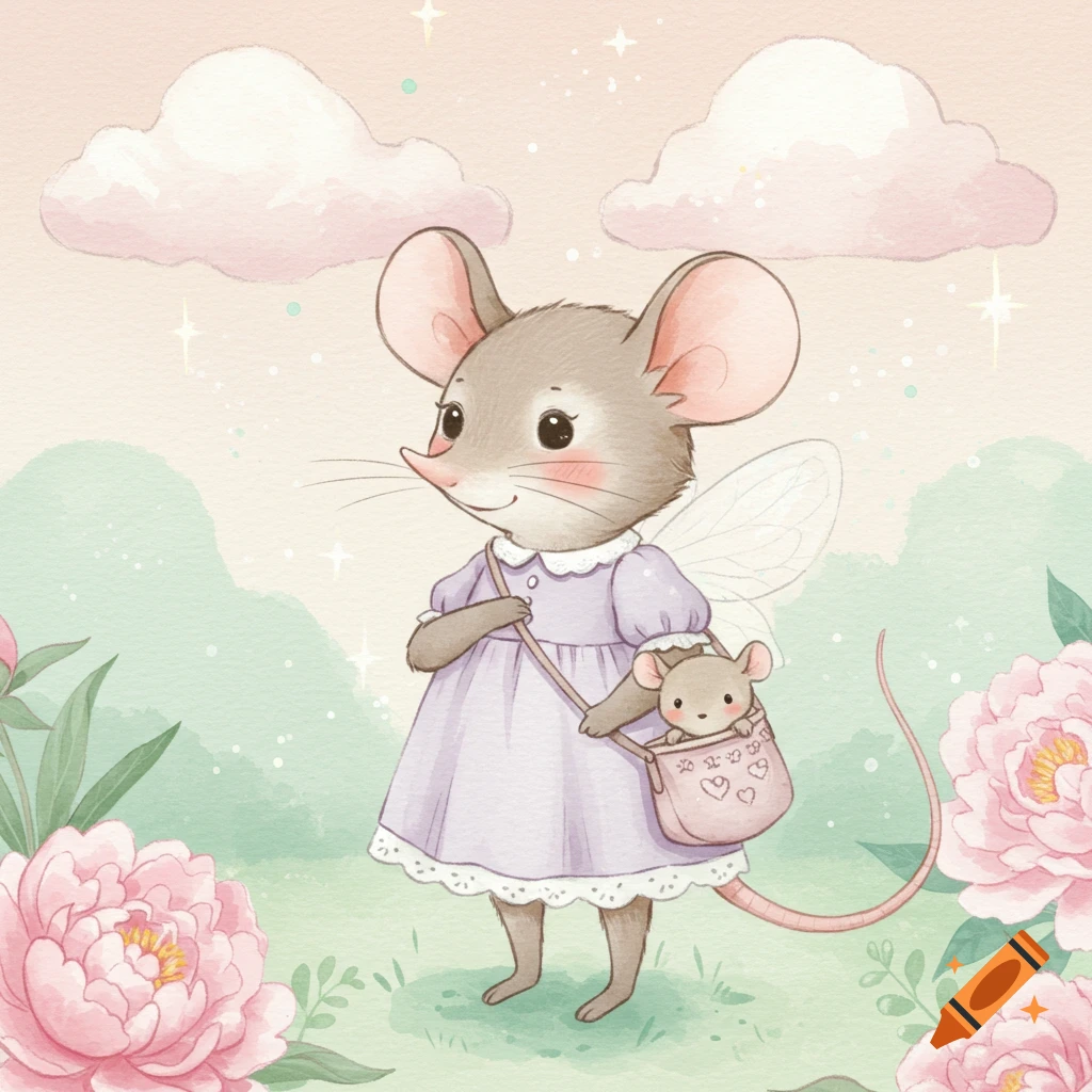 A cute watercolor mouse in a purple dress and wings, carrying a tiny mouse in a pink purse, standing in a pastel field with flowers and clouds.