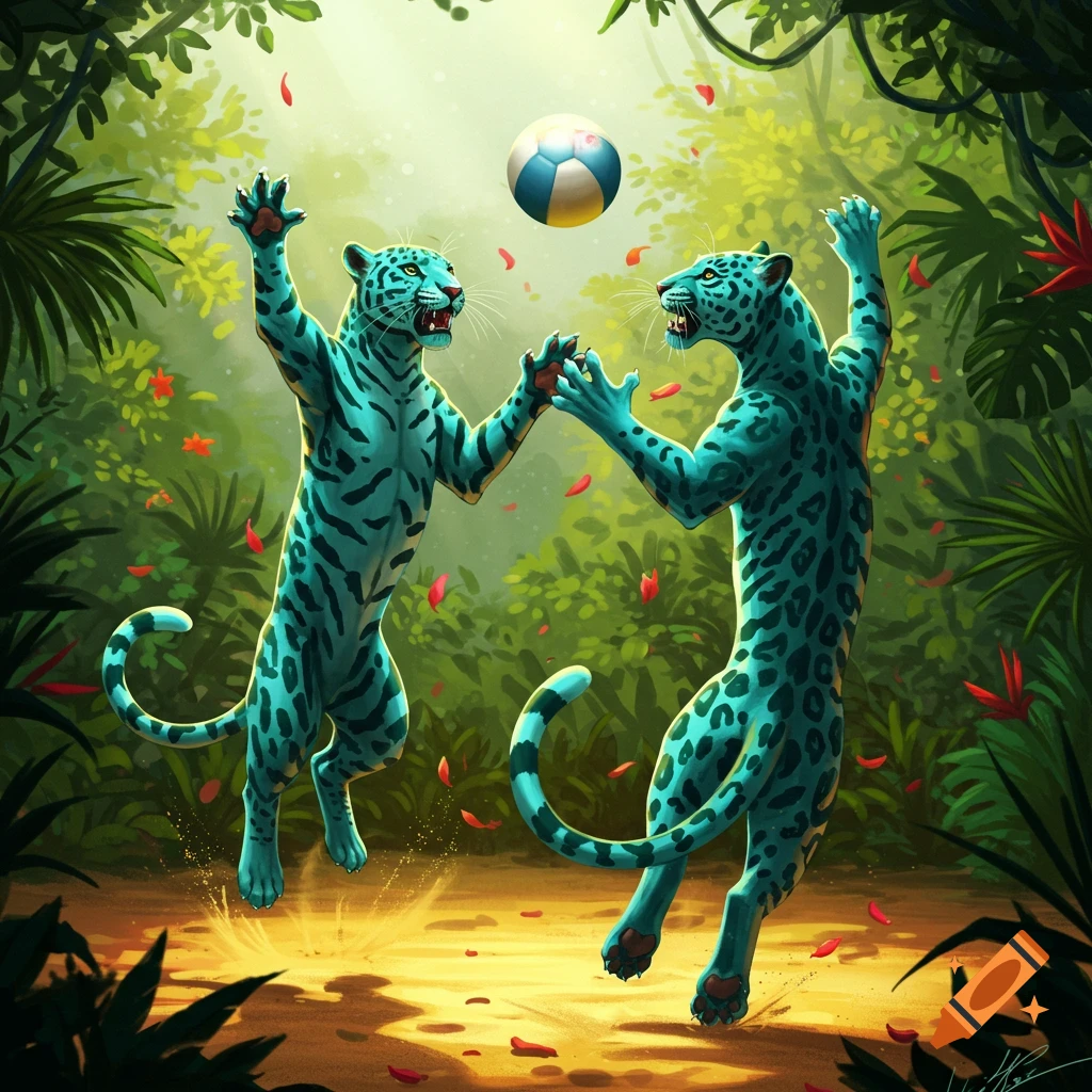 Two teal jaguars jump to hit a volleyball in a lush, sunlit jungle, with red petals falling.