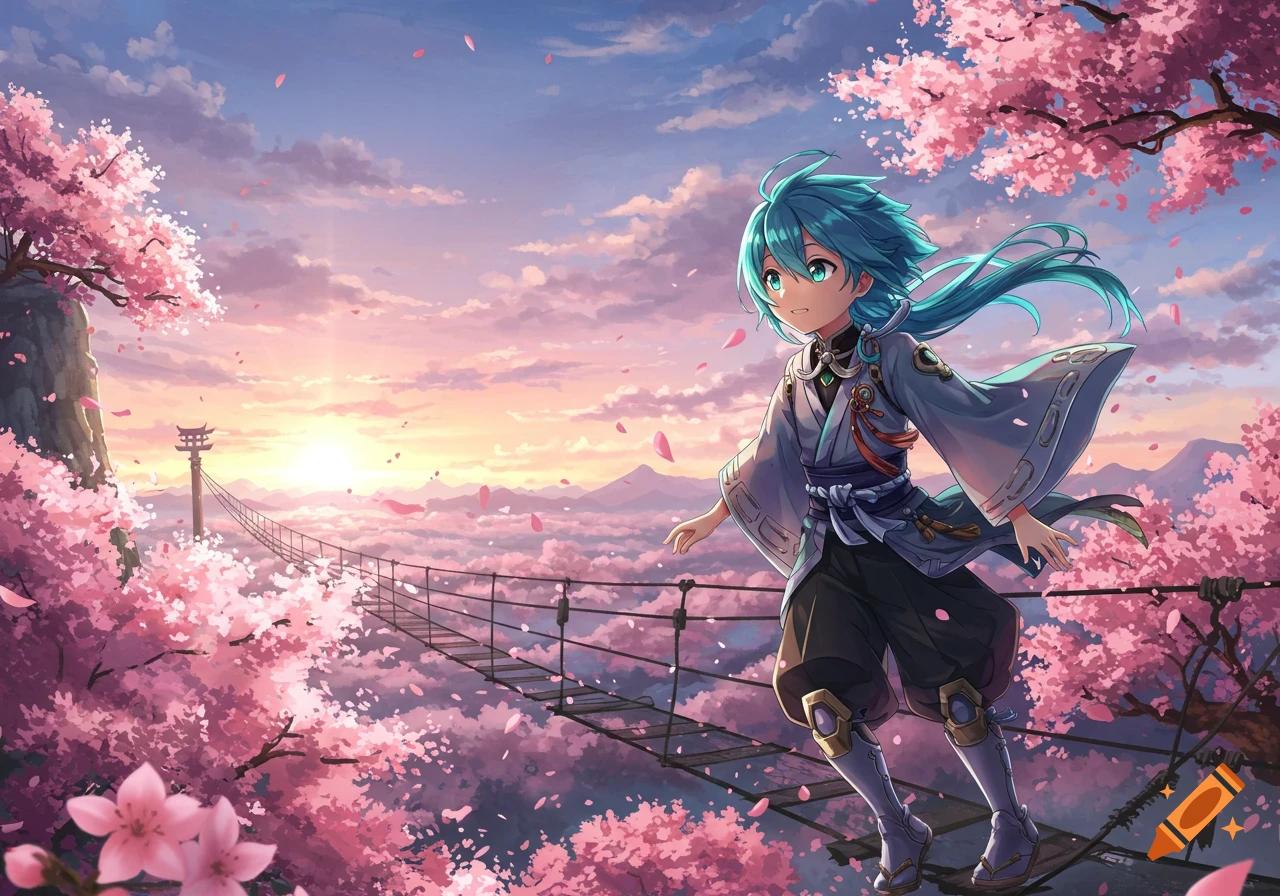 An anime character with teal hair walks on a rope bridge amidst vibrant pink cherry blossoms at sunset, with mountains in the background.