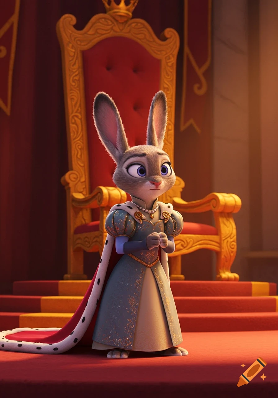Judy Hopps, a rabbit character, stands in a blue and gold coronation gown and cape on a red royal stage with a golden throne.
